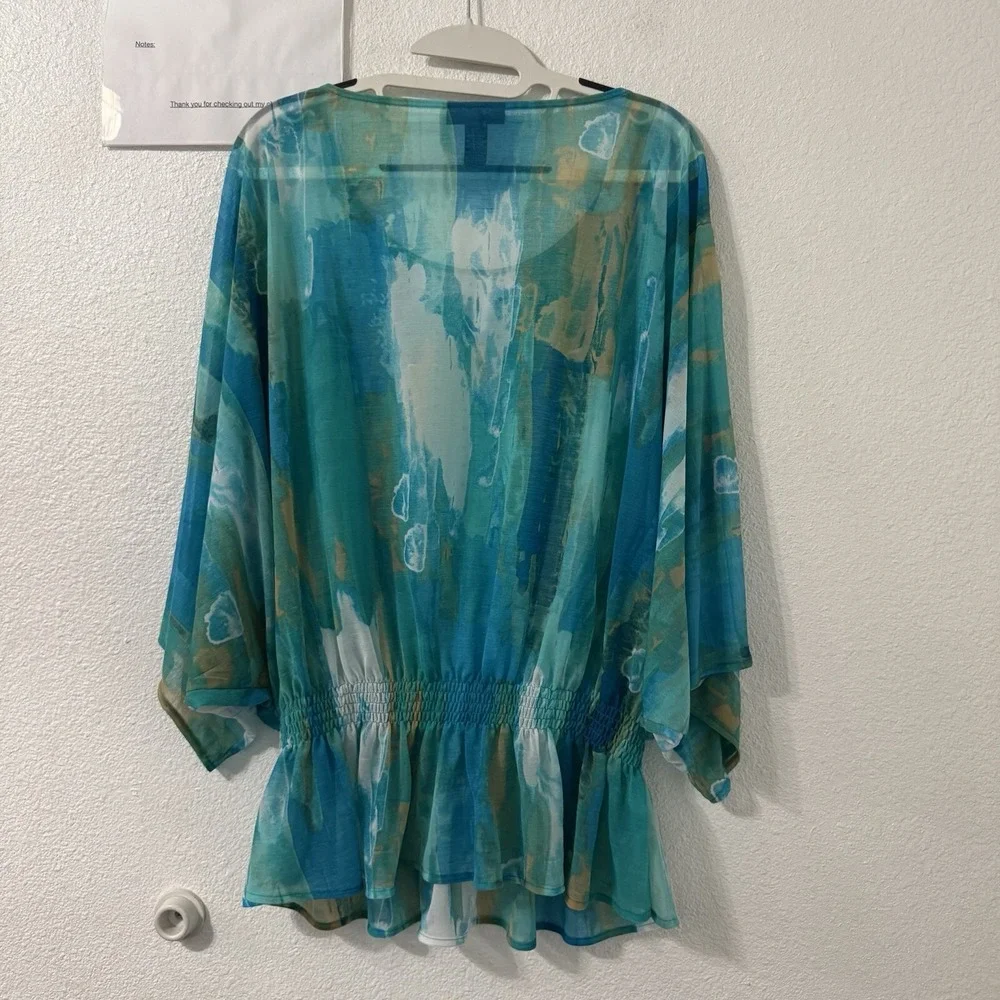 Mermaidcore Festival Top  Womens XL Teal Blue Abstract Watercolor Peplum Studded